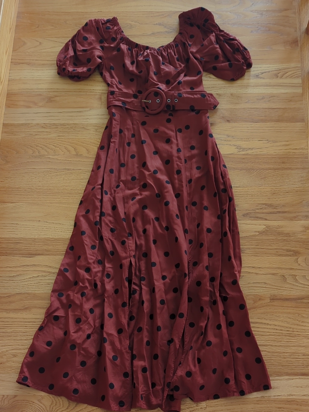 Anthropologie Rust Midi Dress with Black Polka Dots and Belt